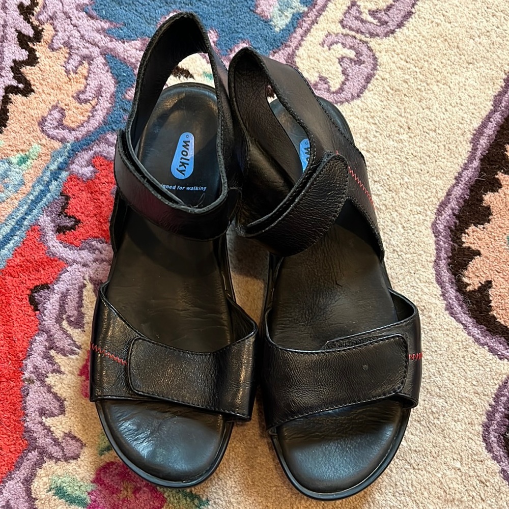 EUC hardly worn wolky black leather heeled sandal 42 size 10 velcro comfy cute